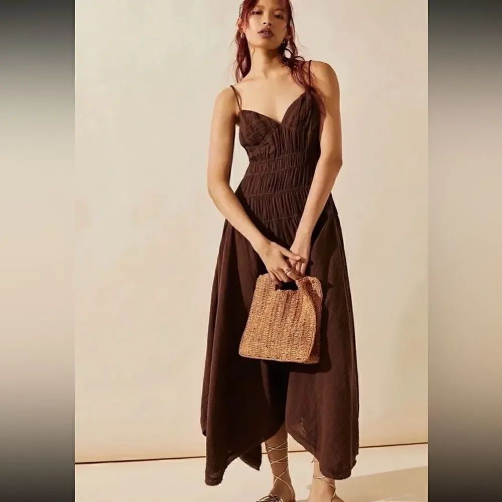 NEW FREE PEOPLE Sz L VERBENA MIDI DRESS BROWN